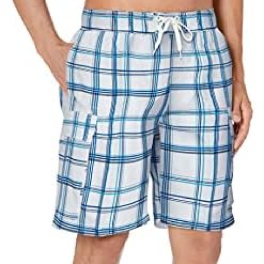 Men's Hollister Blue and White Plaid Swim Trunks